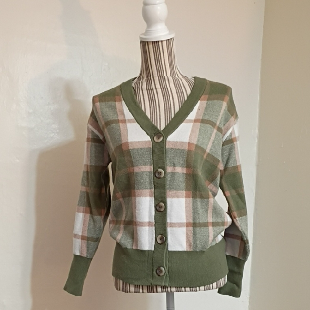 Rachel Zoe Plaid V-neck Button Front Cardigan Sweater Size XS NEW